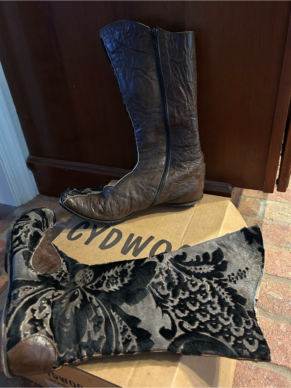 CYDWOQ Black Velvet Patterned & Brown Leather Tall Boots Duo - Picture 3 of 5